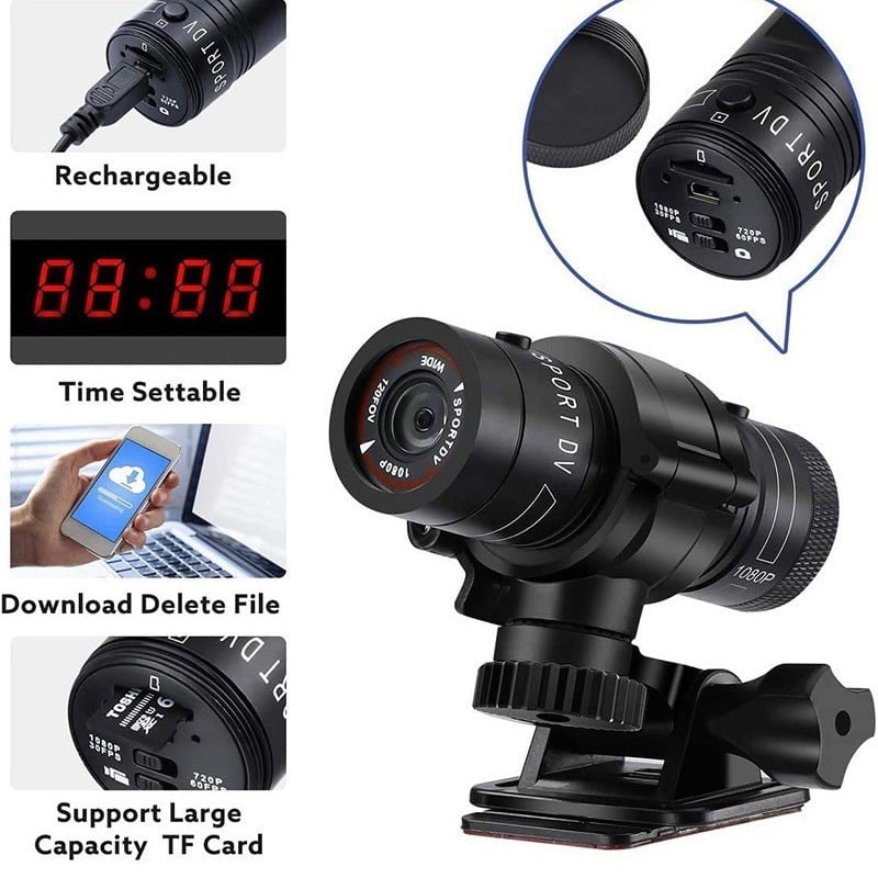 F9 Cameră de cască pentru bicicletă — 1080P HD, Rezistentă la apă, Unghi larg, Stocare pe card TF, Autonomie baterie ~3 ore