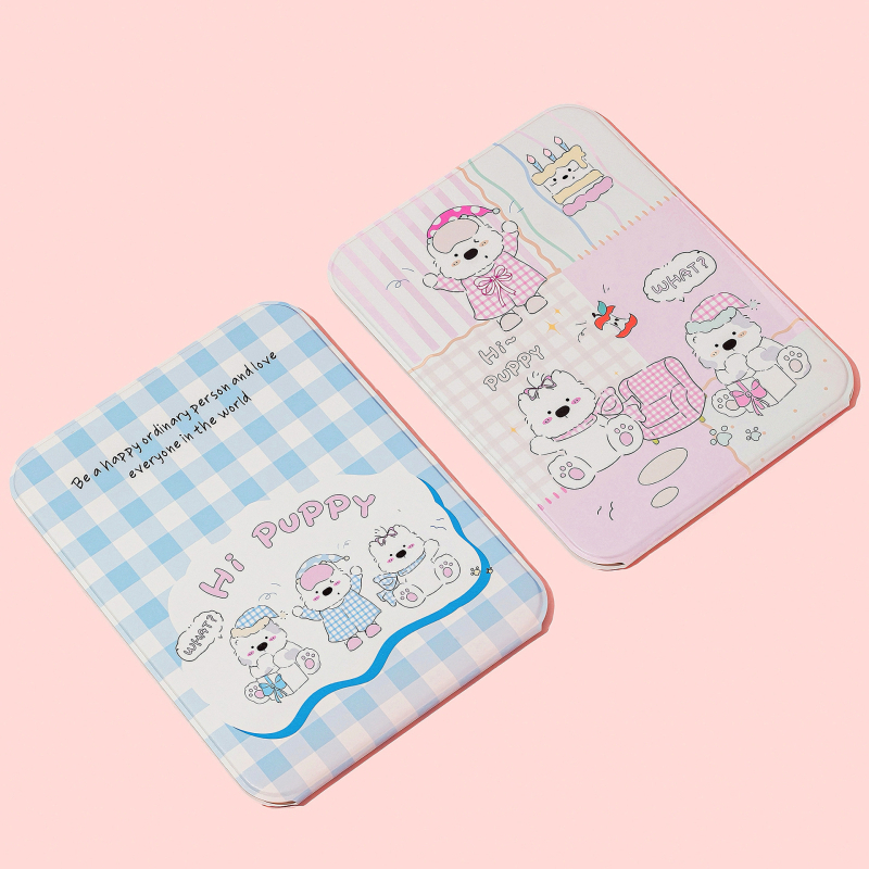 Összecsukható asztali sminktükör aranyos rajzolt kiskutyás dizájnnal (keret: PU/PS/PVC; lencse: üveg; testreszabás elérhető; logó nyomtatás lehetséges; ideális ajándék, esküvők, születésnapok vagy költöztetés esetén)