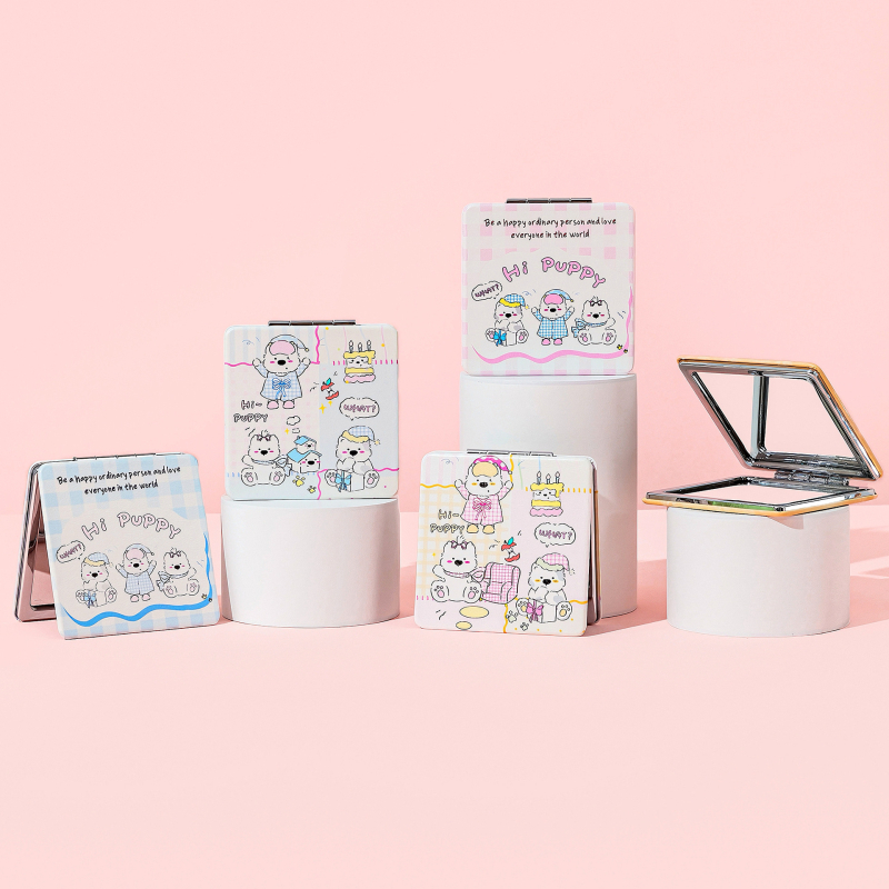 Összecsukható asztali sminktükör aranyos rajzolt kiskutyás dizájnnal (keret: PU/PS/PVC; lencse: üveg; testreszabás elérhető; logó nyomtatás lehetséges; ideális ajándék, esküvők, születésnapok vagy költöztetés esetén)