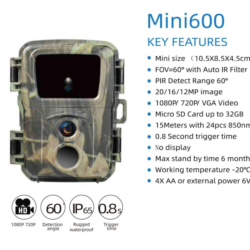 Kültéri mini infravörös éjjellátó vadkamera MINI600 — 24MP/20MP/12MP/8MP/5MP; Akkumulátor üzemideje akár 6 hónap; Tárhely: memória kártya; Kivitel: ABS ház