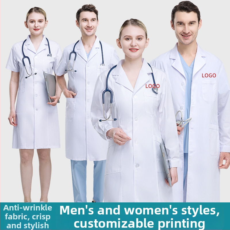 Unisexový laboratórny plášť, 65/35 polyester-bavlna, odvádza vlhkosť, dlhý strih, pravidelné rukávy, golier v štýle saka