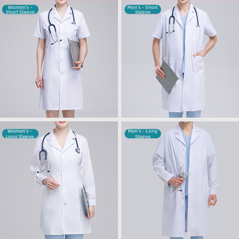 Unisexový laboratórny plášť, 65/35 polyester-bavlna, odvádza vlhkosť, dlhý strih, pravidelné rukávy, golier v štýle saka