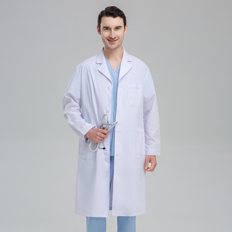 Unisexový laboratórny plášť, 65/35 polyester-bavlna, odvádza vlhkosť, dlhý strih, pravidelné rukávy, golier v štýle saka