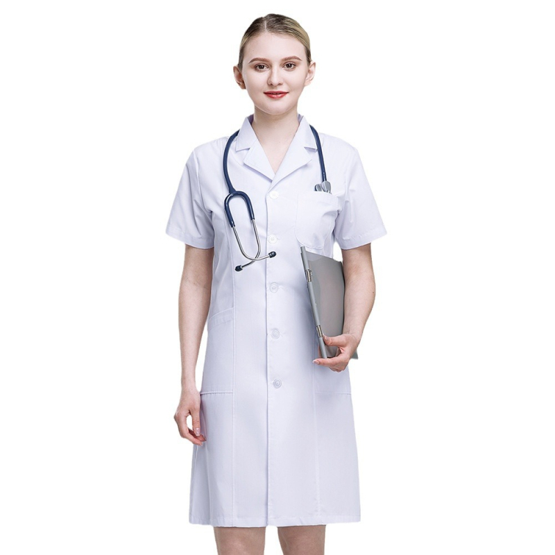 Unisexový laboratórny plášť, 65/35 polyester-bavlna, odvádza vlhkosť, dlhý strih, pravidelné rukávy, golier v štýle saka