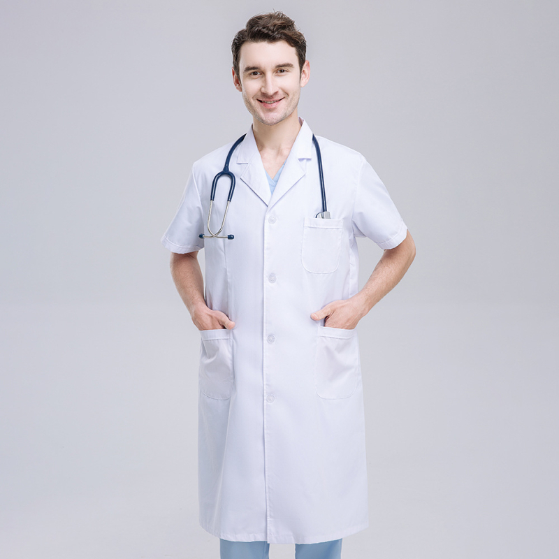 Unisexový laboratórny plášť, 65/35 polyester-bavlna, odvádza vlhkosť, dlhý strih, pravidelné rukávy, golier v štýle saka