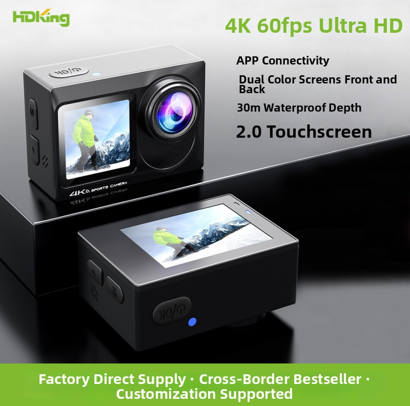 Športová kamera - 4K60, Wi-Fi, dvojitý displej, vodotesná, SD až 128GB, ABS telo, 90 minút batérie