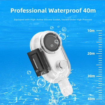 Carcasă de protecție subacvatică pentru Insta360 Go3S; adâncime de până la 40 m; material: PC + sticlă optică temperată + oțel inoxidabil; greutate: 64 g; include: carcasă impermeabilă, bază de interfață 1/4", vată cu alcool, cheie