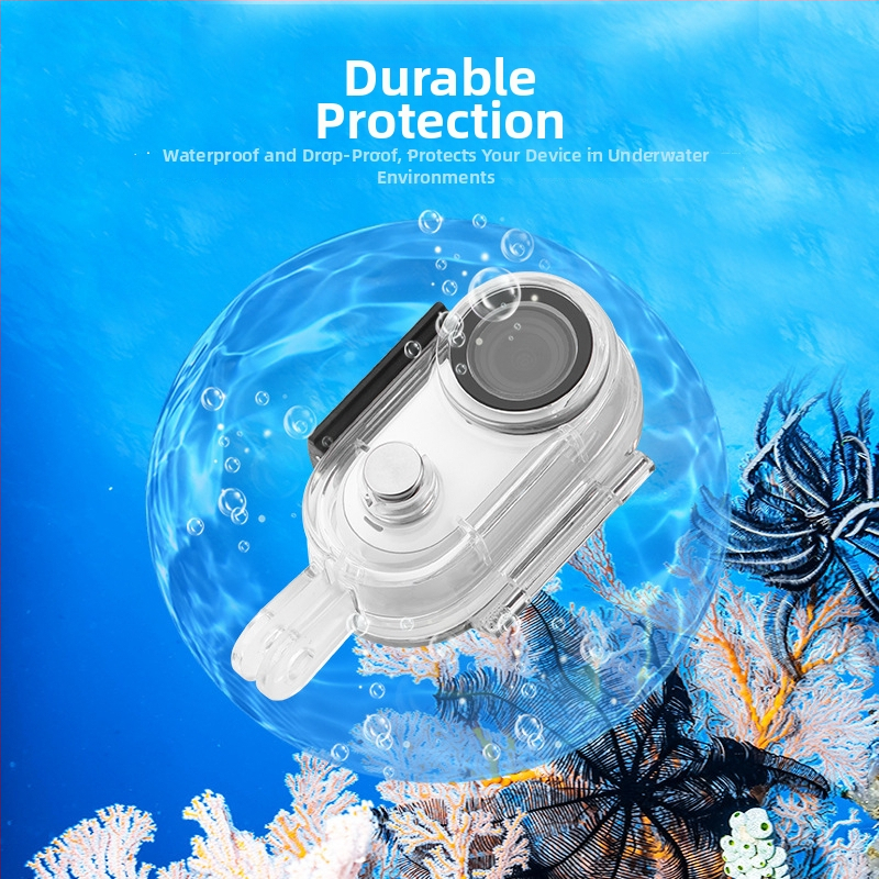 Carcasă de protecție subacvatică pentru Insta360 Go3S; adâncime de până la 40 m; material: PC + sticlă optică temperată + oțel inoxidabil; greutate: 64 g; include: carcasă impermeabilă, bază de interfață 1/4", vată cu alcool, cheie