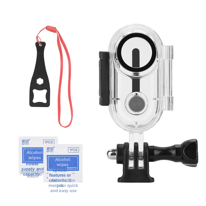 Carcasă de protecție subacvatică pentru Insta360 Go3S; adâncime de până la 40 m; material: PC + sticlă optică temperată + oțel inoxidabil; greutate: 64 g; include: carcasă impermeabilă, bază de interfață 1/4", vată cu alcool, cheie