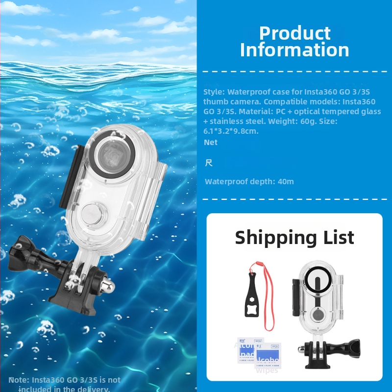 Carcasă de protecție subacvatică pentru Insta360 Go3S; adâncime de până la 40 m; material: PC + sticlă optică temperată + oțel inoxidabil; greutate: 64 g; include: carcasă impermeabilă, bază de interfață 1/4", vată cu alcool, cheie