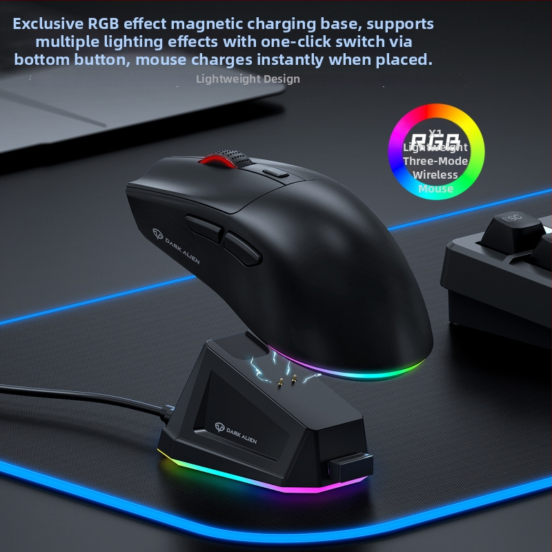Bezvadu spēļu pele ar trim režīmiem (Bluetooth/Wired/uzlādes bāze) un RGB bāze, DPI 2000, svars 59 g