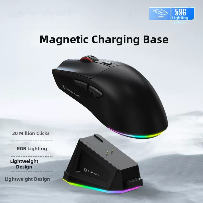 Bezvadu spēļu pele ar trim režīmiem (Bluetooth/Wired/uzlādes bāze) un RGB bāze, DPI 2000, svars 59 g