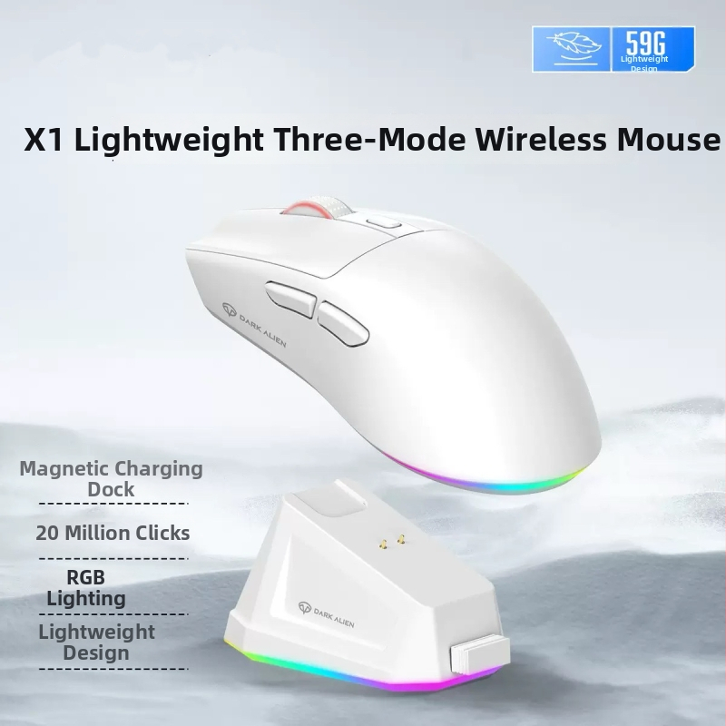 Bezvadu spēļu pele ar trim režīmiem (Bluetooth/Wired/uzlādes bāze) un RGB bāze, DPI 2000, svars 59 g