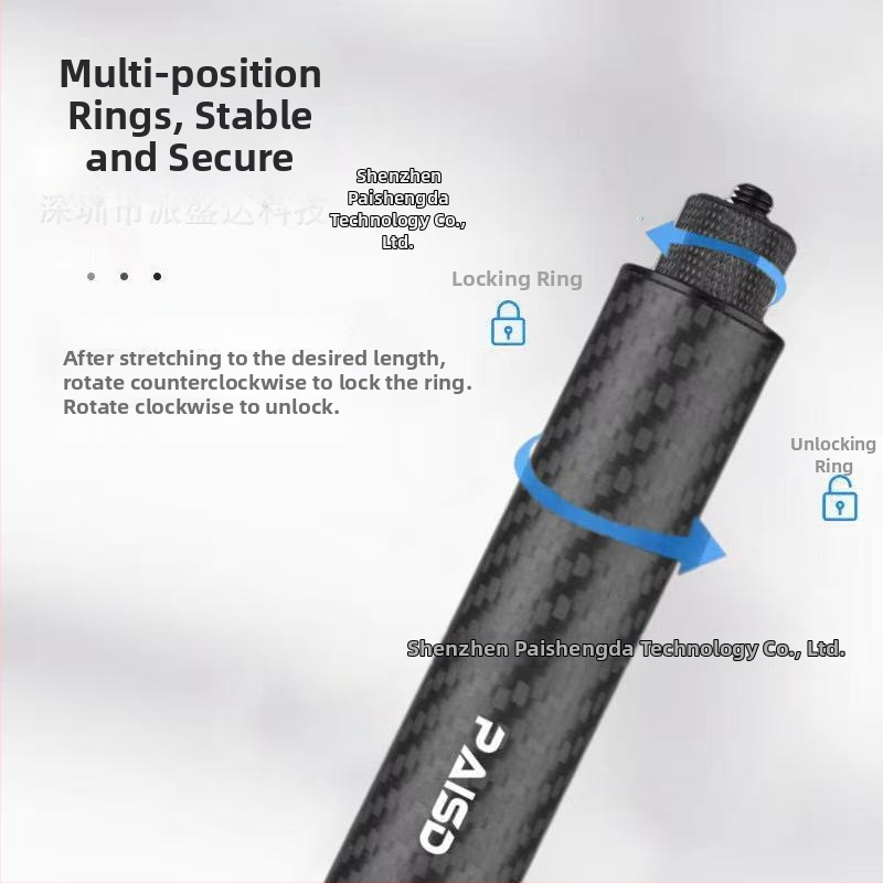 Selfie sticks priekš Insta360/Gopro darbības kamerām – augstas izturības oglekļa šķiedra, 5 sadaļas, modelis PAISD 115