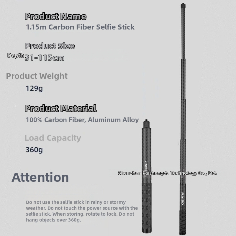 Selfie lazda Insta360/Gopro veiksmo kameroms – aukštos kokybės anglies pluoštas, 5 dalys, modelis PAISD 115