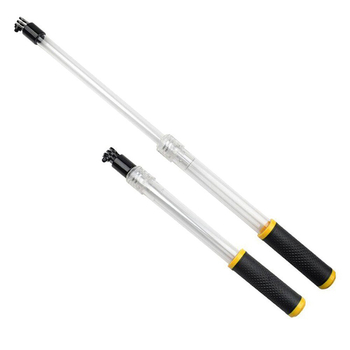 Selfie stick pentru cameră de acțiune – tijă telescopică transparentă cu slot pentru card, două secțiuni, din plastic, compatibil universal cu camere de acțiune, sarcină maximă sub 2 kg, fără Bluetooth