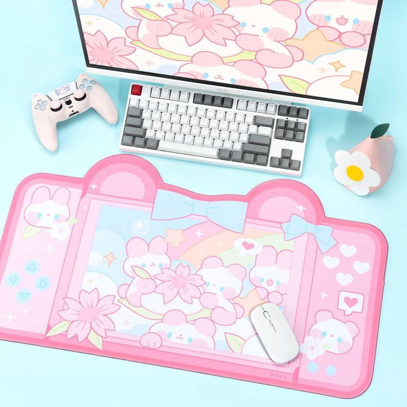 Gaming podloga za miš, velika jednostrana podloga za stol, s dizajnom Cartoon Cherry Blossom Rabbit Bear, za igru i ured