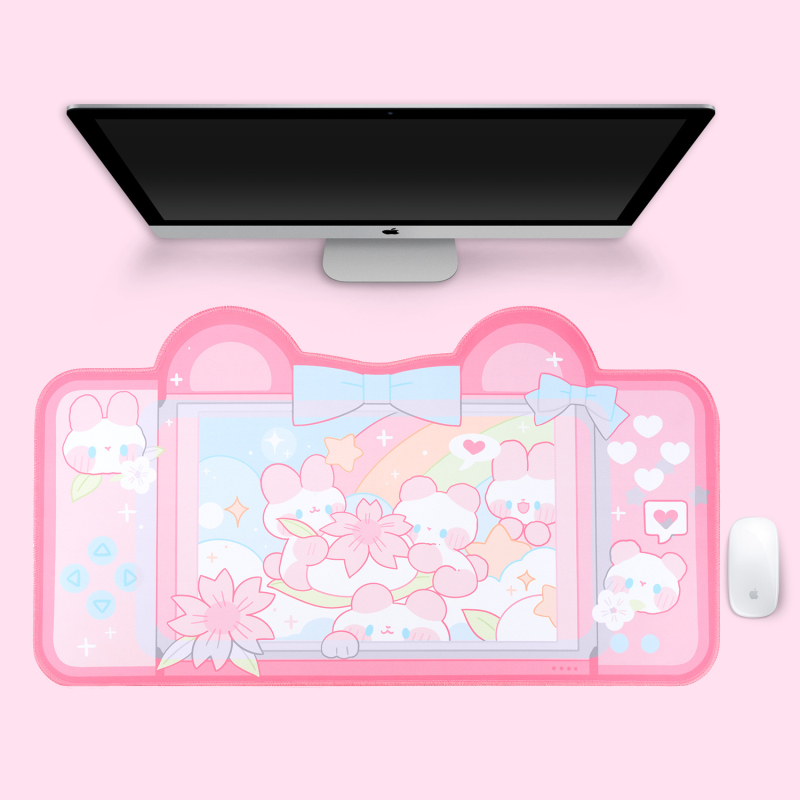 Gaming podloga za miš, velika jednostrana podloga za stol, s dizajnom Cartoon Cherry Blossom Rabbit Bear, za igru i ured