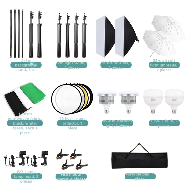 Photography soft light box set – Kalin professionaalne fotograafikomplekt koos softboxi, stuudiovalgustuse, tausta raami ja vihmavarjulambiga; kaal 8 kg