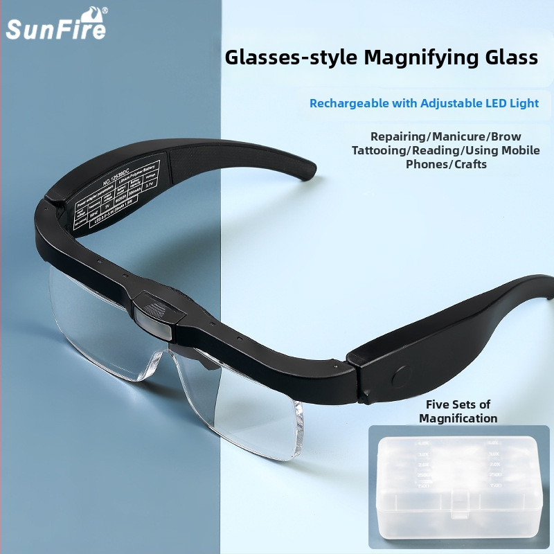 Sun Fire ochelari lupă pentru citit cu iluminare, USB reîncărcabil, 5 lentile cu măriri (0.75x, 1.25x, 2x, 3x, 4x) pentru citit, lucru manual și reparații ale dispozitivelor