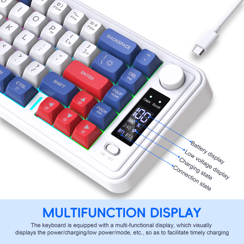 Tastatură cu membrană, 87 de taste, conectivitate Bluetooth și 2,4 GHz, corp din ABS, iluminare de fundal multicoloră