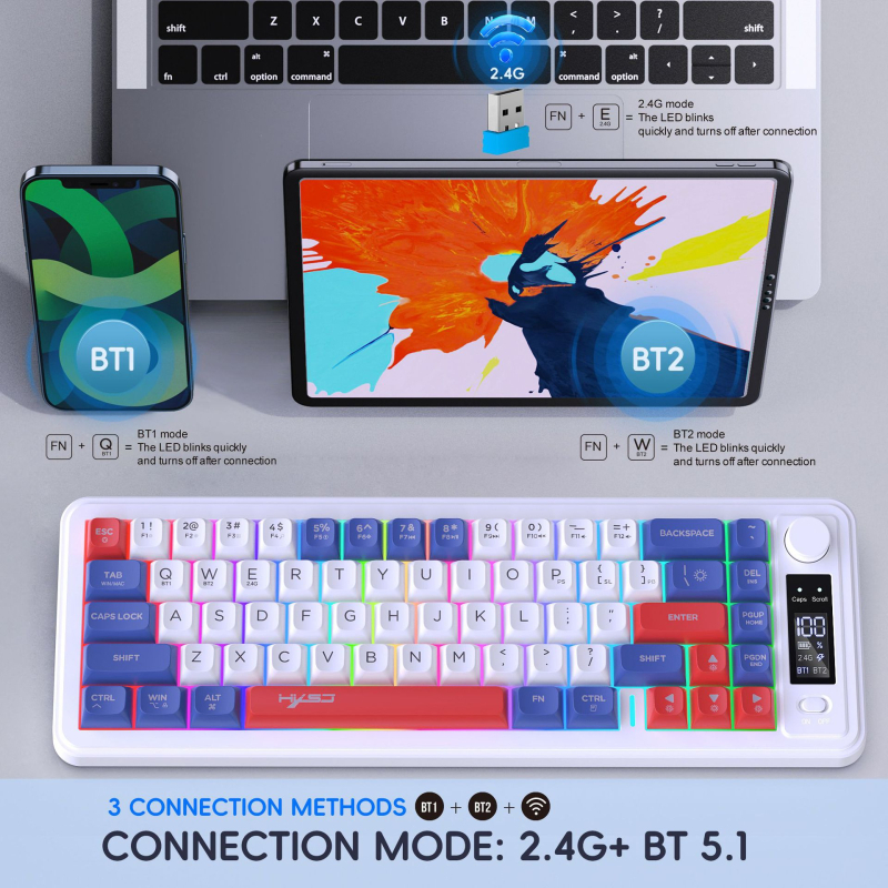 Tastatură cu membrană, 87 de taste, conectivitate Bluetooth și 2,4 GHz, corp din ABS, iluminare de fundal multicoloră