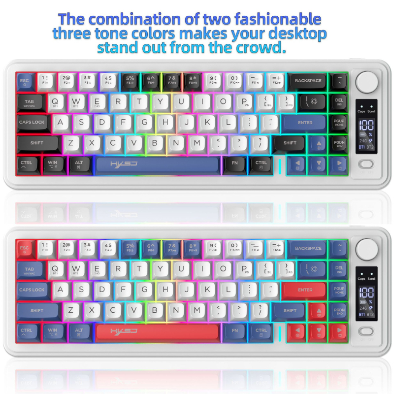 Tastatură cu membrană, 87 de taste, conectivitate Bluetooth și 2,4 GHz, corp din ABS, iluminare de fundal multicoloră