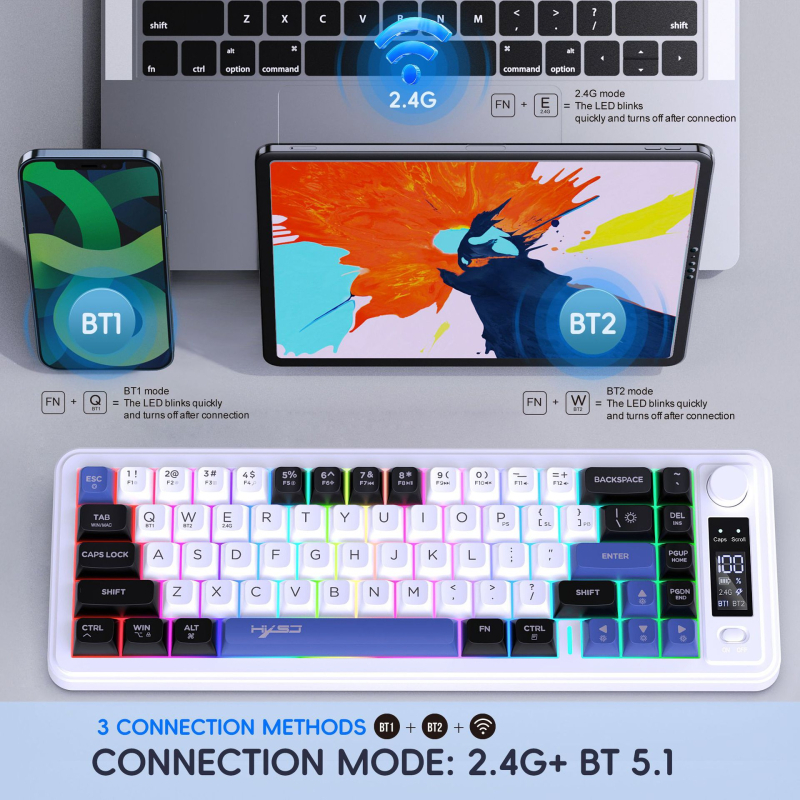 Tastatură cu membrană, 87 de taste, conectivitate Bluetooth și 2,4 GHz, corp din ABS, iluminare de fundal multicoloră