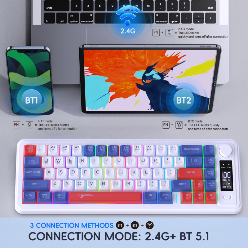 Tastatură cu membrană, 87 de taste, conectivitate Bluetooth și 2,4 GHz, corp din ABS, iluminare de fundal multicoloră