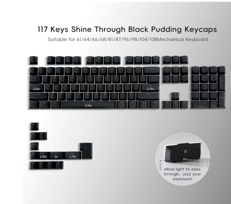 Set kapica za tipke s Pudding profilom, prozirne, dvostruko ubrizgane PC+PBT s ugraviranim znakovima (118 tipki, niski profil)