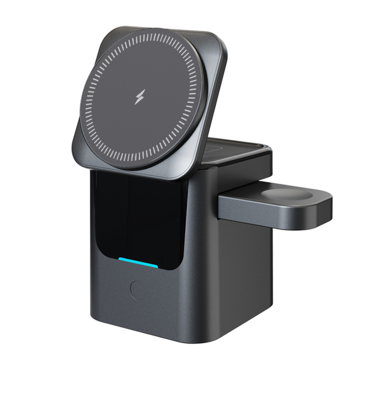 3 v 1 bezdrôtová nabíjačka na stolný povrch so skladacím úložným priestorom, PD 15W, celkový výkon 22W, digitálny displej