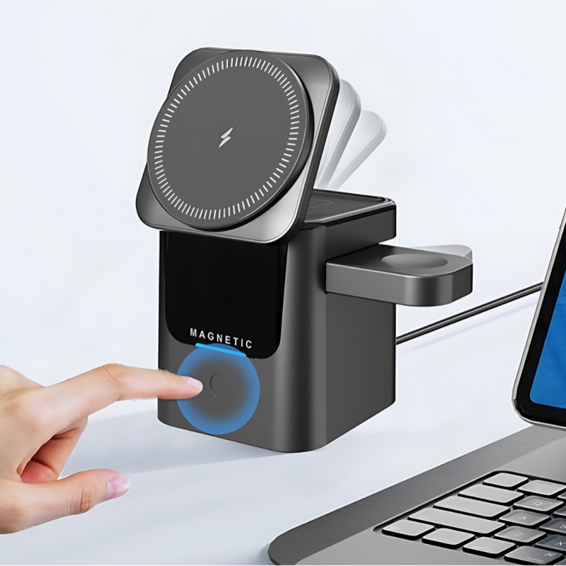 3 v 1 bezdrôtová nabíjačka na stolný povrch so skladacím úložným priestorom, PD 15W, celkový výkon 22W, digitálny displej