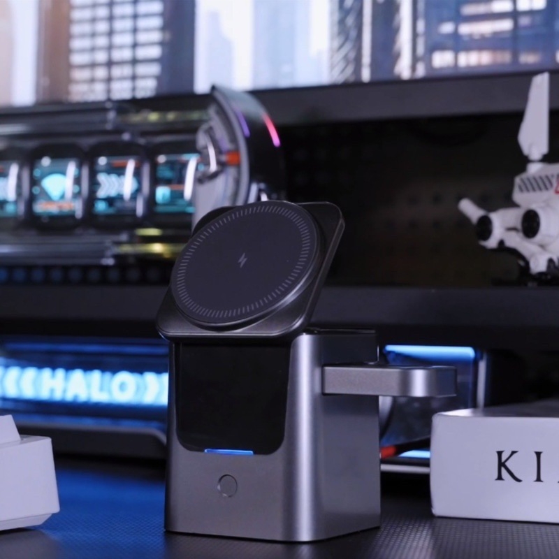 3 v 1 bezdrôtová nabíjačka na stolný povrch so skladacím úložným priestorom, PD 15W, celkový výkon 22W, digitálny displej