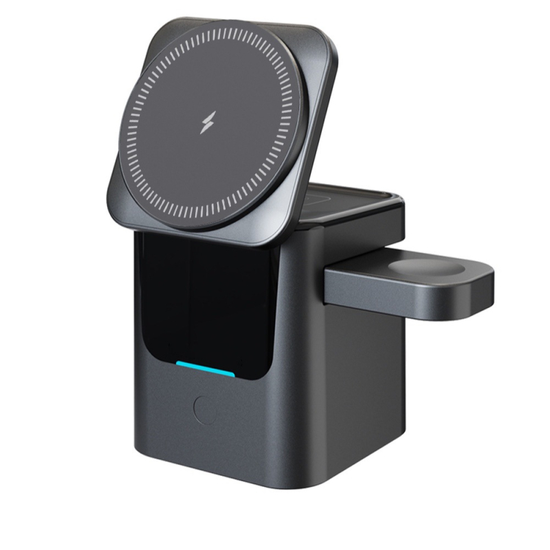 3 v 1 bezdrôtová nabíjačka na stolný povrch so skladacím úložným priestorom, PD 15W, celkový výkon 22W, digitálny displej