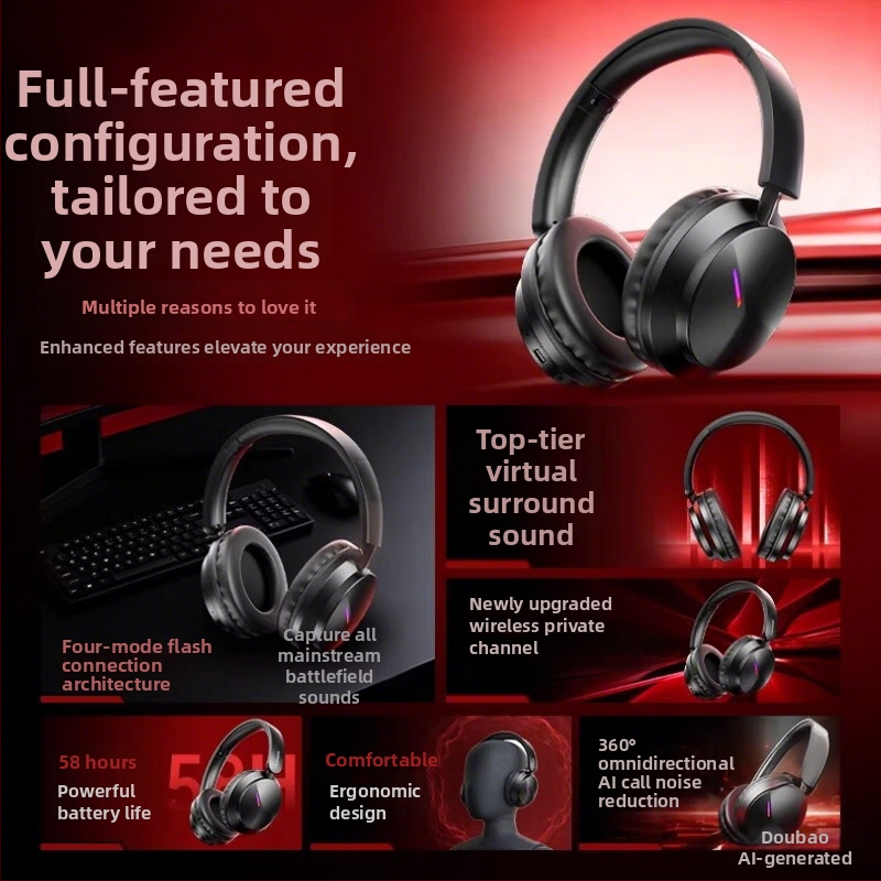 Ασύρματο Bluetooth κράνος για το κεφάλι — Bluetooth 5.4, εμβέλεια 15 μ., μπαταρία άνω των 8 ωρών, IPX5, χαμηλή καθυστέρηση για esports, στερεοφωνικός ήχος