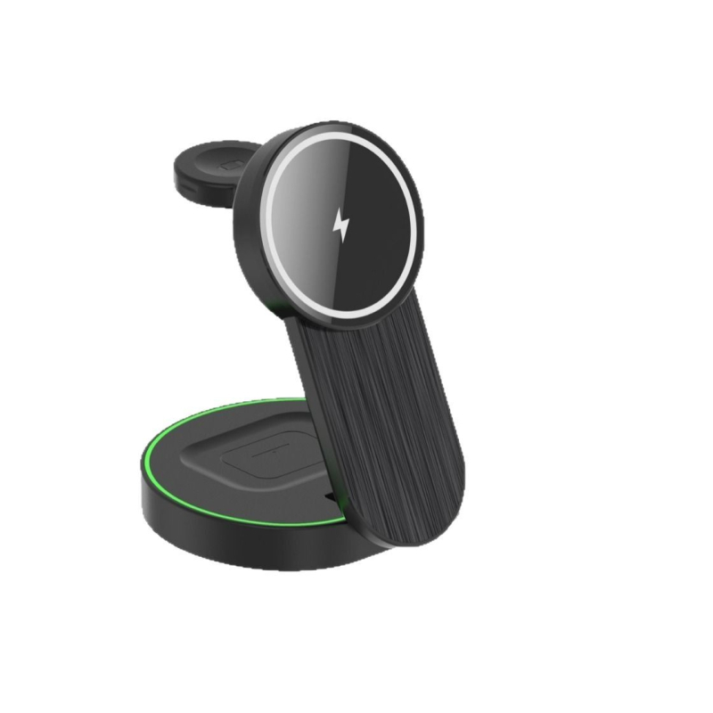 Magnetski 3-u-1 sklopivi bežični punjač s držačem za stol – 15W, QC3.0 brzo punjenje, magnetsko punjenje, ABS kućište, kompatibilan s iPhone, Apple Watch i AirPods