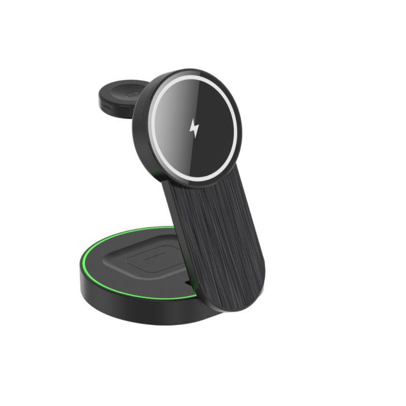 Magnetski 3-u-1 sklopivi bežični punjač s držačem za stol – 15W, QC3.0 brzo punjenje, magnetsko punjenje, ABS kućište, kompatibilan s iPhone, Apple Watch i AirPods