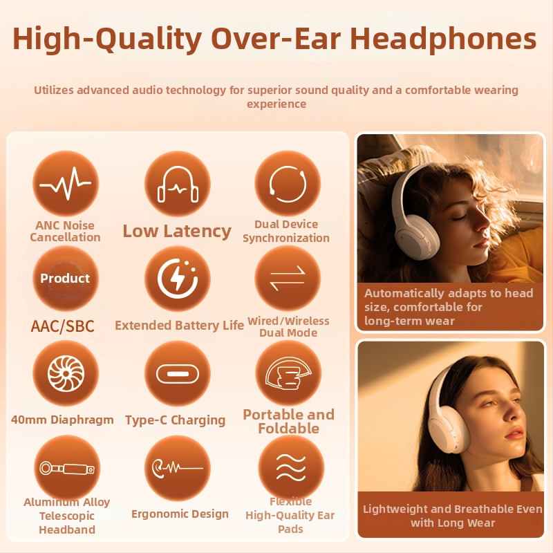 Bluetooth austiņas uz galvas, divkanālu stereo, Bluetooth 5.3, 15 m pārraides diapazons, vairāk nekā 8 stundu darbības laiks, PC+ABS materiāls