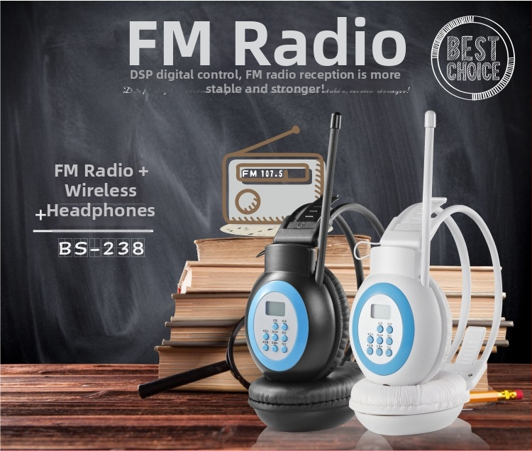 Bezdrôtové FM slúchadlá pre výučbu jazykov, 40 mm ovládače, 3,5 mm konektor, rozsah frekvencií 20–18000 Hz, 1% skreslenie, nositeľné na hlave