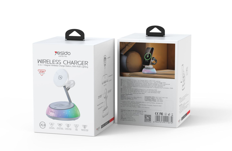 Yesido încărcător wireless 3-în-1 cu încărcare magnetică, 20W PD, pentru Apple Watch