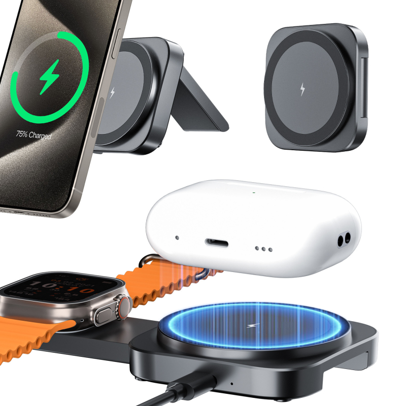 Sklopivi stolni 3-u-1 bezični punjač s magnetskim napajanjem za Apple Watch, prijenosni držač, PD brzo punjenje 15W
