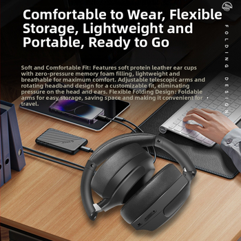 Bezdrôtové slúchadlá cez uši s Bluetooth, ANC, 40 mm meniče, skladací dizajn, vstavaný mikrofón