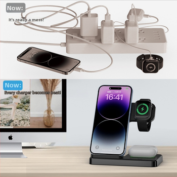 Skladacia 3-v-1 bezdrôtová nabíjačka na stôl pre Apple zariadenia, 15W rýchlonabíjanie, 2A výstup, QC3.0, CE/FCC/ROHS/Qi certifikované