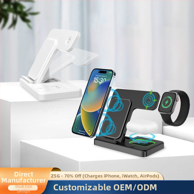 Skladacia 3-v-1 bezdrôtová nabíjačka na stôl pre Apple zariadenia, 15W rýchlonabíjanie, 2A výstup, QC3.0, CE/FCC/ROHS/Qi certifikované