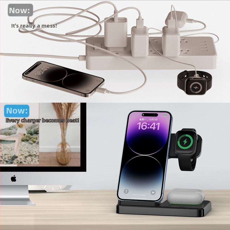 Skladacia 3-v-1 bezdrôtová nabíjačka na stôl pre Apple zariadenia, 15W rýchlonabíjanie, 2A výstup, QC3.0, CE/FCC/ROHS/Qi certifikované