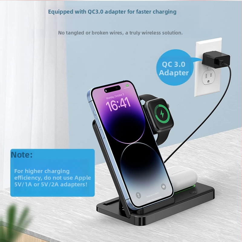 Skladacia 3-v-1 bezdrôtová nabíjačka na stôl pre Apple zariadenia, 15W rýchlonabíjanie, 2A výstup, QC3.0, CE/FCC/ROHS/Qi certifikované