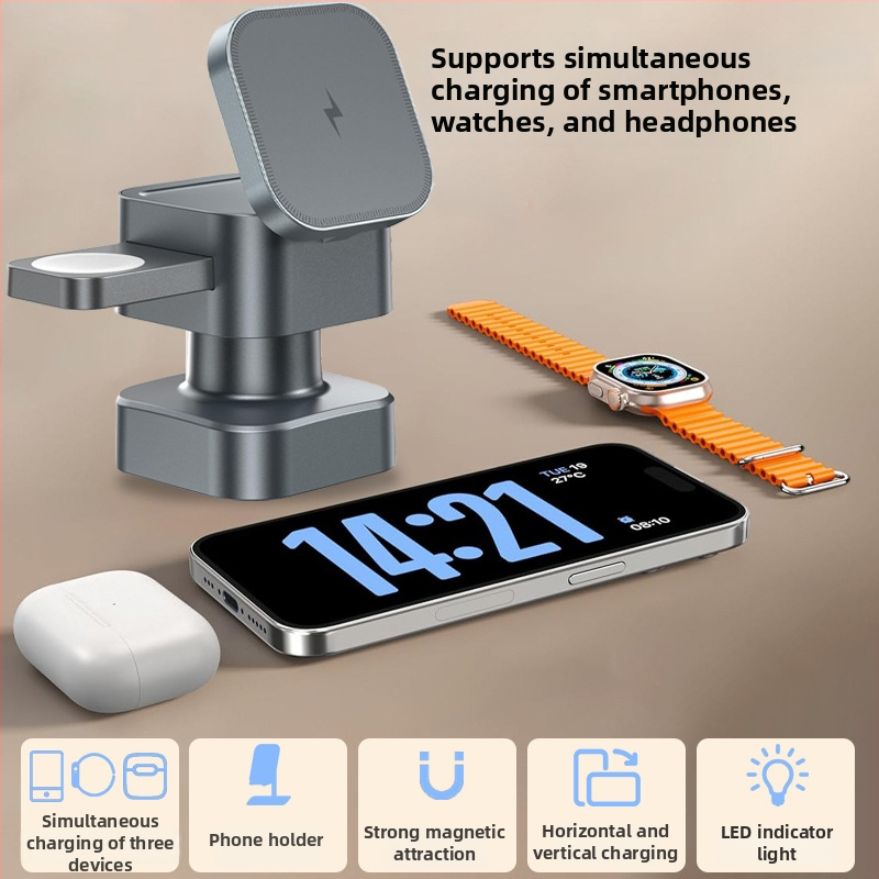 Jiujiu 4-v-1 MagSafe Bezdrôtová Nabíjačka pre iPhone, Slúchadlá a Apple Watch – magnetické nabíjanie, súčasné nabíjanie telefónu, hodiniek a slúchadiel, skladací dizajn, 15W výstup