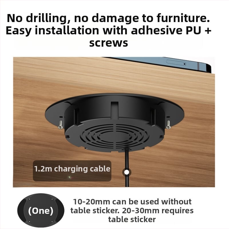Skrytý bezdrôtový nabíjač pod stolom pre telefóny, 10W QC3.0 rýchle nabíjanie, výstup 5V, vzdialenosť 20–30 mm