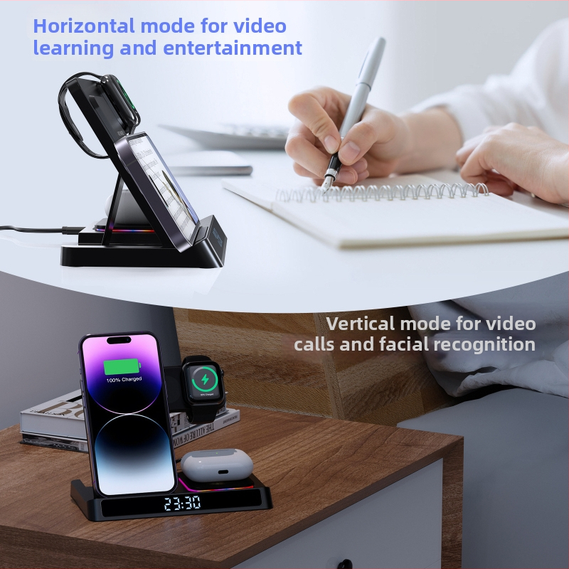 4-v-1 bezdrôtová nabíjačka na hodinky s stojanom, 18W rýchle nabíjanie, skladací multifunkčný stojan s digitálnym displejom