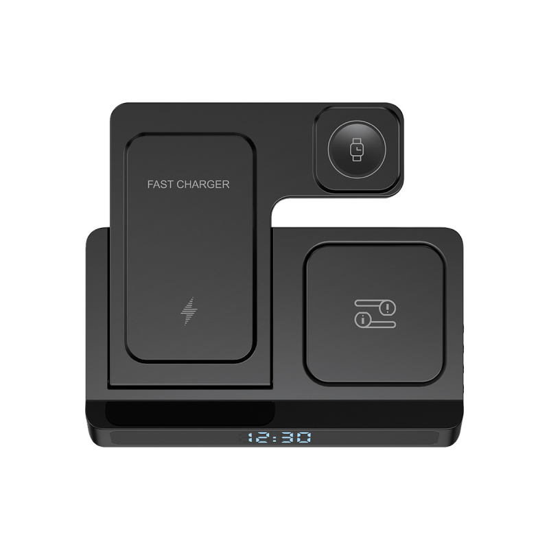 4-v-1 bezdrôtová nabíjačka na hodinky s stojanom, 18W rýchle nabíjanie, skladací multifunkčný stojan s digitálnym displejom